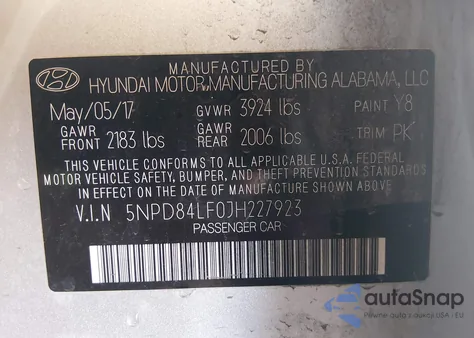 2018 Hyundai Elantra Sel z USA, uszkodzony, nr VIN 5NPD84LF0JH227923